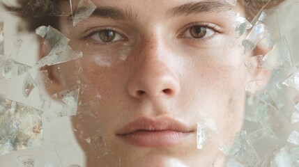 Fototapeta premium Close-up portrait of a young woman's face. the woman's eyes are looking directly at the camera with a serious expression. her hair is styled in loose curls and falls over her shoulders.