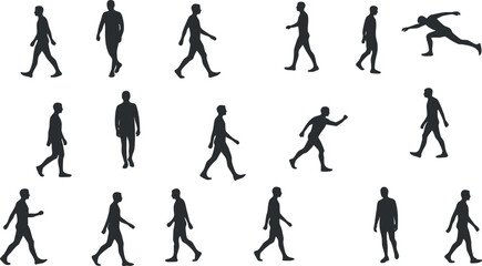 Silhouette vector icon set showing various walking and running human figures for animation and motion design projects