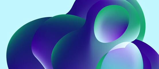 Abstract fluid shapes overlap, creating vibrant blue, green gradients. Soft lighting suggests depth, movement. Minimalist background enhances color contrast.