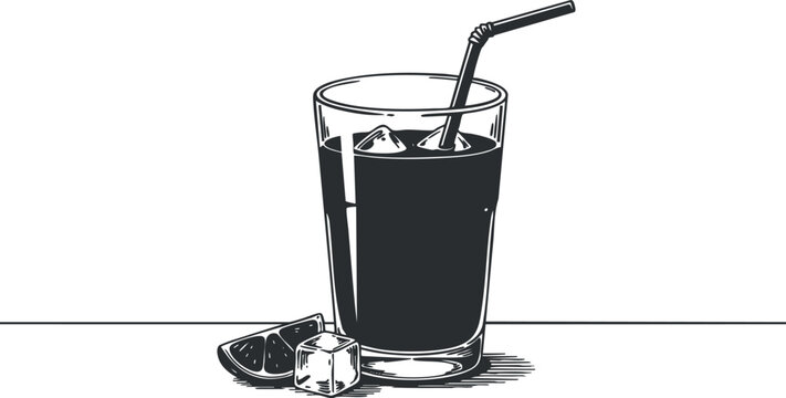 Minimalist black and white vector illustration of a refreshing drink with ice and lime, ideal for beverage menus and summer themes