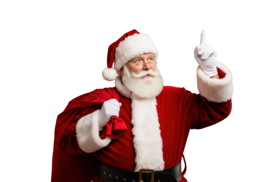 Portrait of santa claus wearing a red suit and hat, holding a sack and pointing upwards, isolated on transparent background