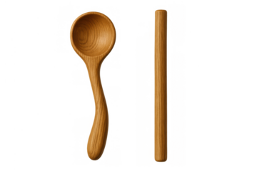 Wooden kitchen spoon and single chopstick displaying rustic cooking utensils for preparing food, transparent background