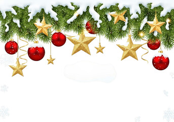 Christmas fir branch border decoration with shiny red bauble ornament and golden star hanging isolated on transparent background