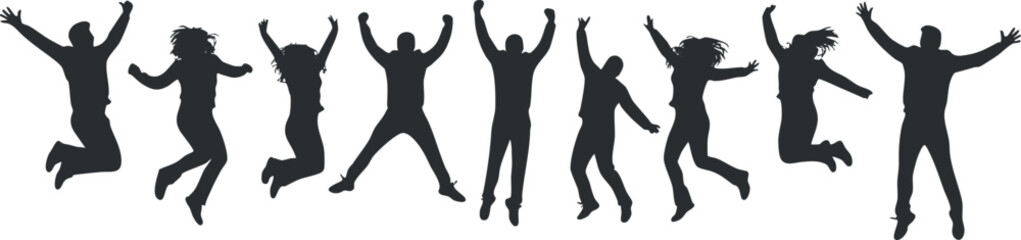 Dynamic silhouette vector illustration of diverse people jumping in celebration, perfect for event branding and design projects
