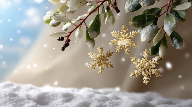 Elegant snowflakes and mistletoe leaves dance across a soft pastel beige background, evoking the magic of winter holiday decor. adding a touch of festive charm to your holiday table or mantel.