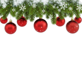 Festive border of green fir tree branch decorated with shiny red christmas baubles and white snowflake ornament isolated on transparent background