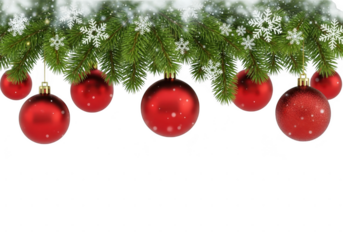 Festive border of green fir tree branch decorated with shiny red christmas baubles and white snowflake ornament isolated on transparent background