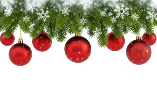 Festive border of green fir tree branch decorated with shiny red christmas baubles and white snowflake ornament isolated on transparent background