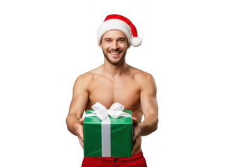 Smiling shirtless man wearing a santa hat holding out a green christmas gift box with white ribbon isolated on transparent background