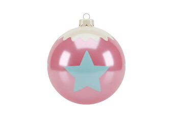 Shiny pink christmas tree ornament ball with a light blue star design, isolated on transparent background