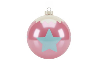 Shiny pink christmas tree ornament ball with a light blue star design, isolated on transparent background