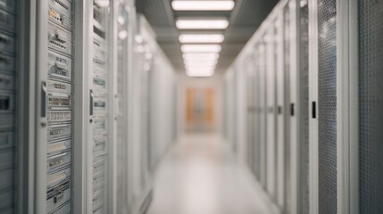 Long corridor in a data center. the corridor is lined with rows of servers on both sides, each with multiple rows of data storage cabinets.