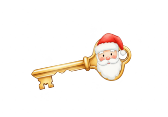 Golden antique key featuring a cute illustration of santa claus face on the bow, isolated on transparent background