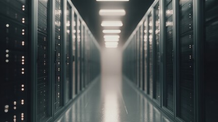 Long corridor in a data center. the corridor is lined with rows of servers on both sides, each with multiple rows of data storage cabinets. the cabinets are black and appear to be made of metal.