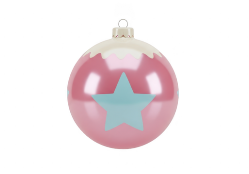 Shiny pink christmas tree ornament ball with a light blue star design, isolated on transparent background
