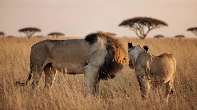 Majestic Lion and Lioness Bonding in African Savanna Sunset