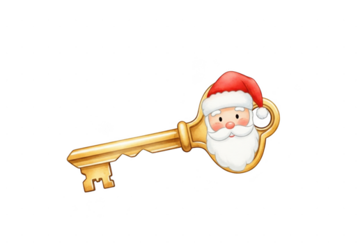 Golden antique key featuring a cute illustration of santa claus face on the bow, isolated on transparent background - Powered by Adobe