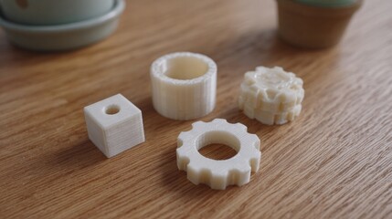 Three small white objects on a wooden surface. on the left, there is a small square-shaped object with a hole in the center.