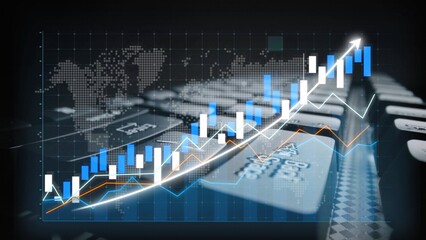 A visually striking representation of financial growth, featuring stock market graphs overlaid on a...