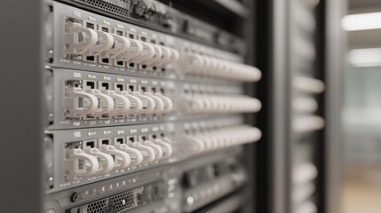 Close-up of a server rack in a data center. the rack is made up of multiple rows of servers, each with multiple ports and switches.