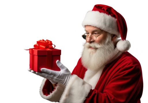 Santa claus holding a small red gift box with a bow, isolated on transparent background