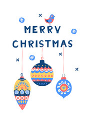 Merry Christmas Folk Art Card, Scandinavian Winter Illustration with Ornaments and Bird