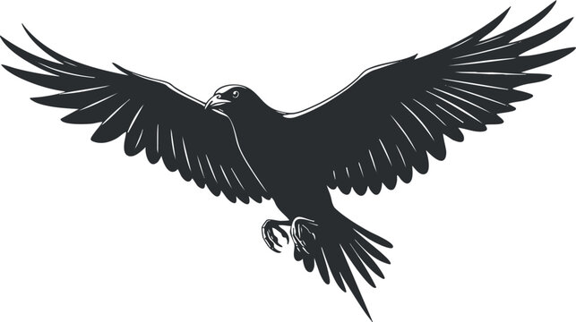 Stylized black silhouette vector illustration of a soaring eagle with outstretched wings, perfect for wildlife themes and nature designs