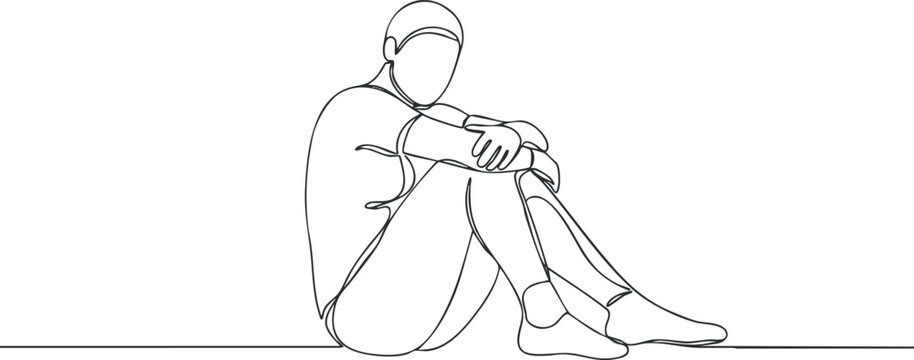 Minimalist line art vector illustration of a person sitting in a thoughtful pose, ideal for wellness and lifestyle design projects