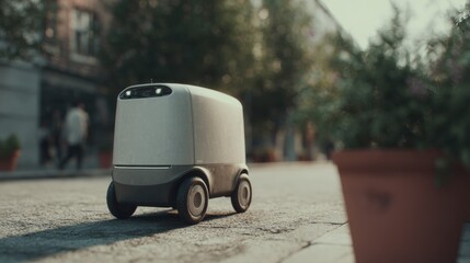 Small white robot car parked on a cobblestone street. the car has four wheels and appears to be made of plastic or a similar material.