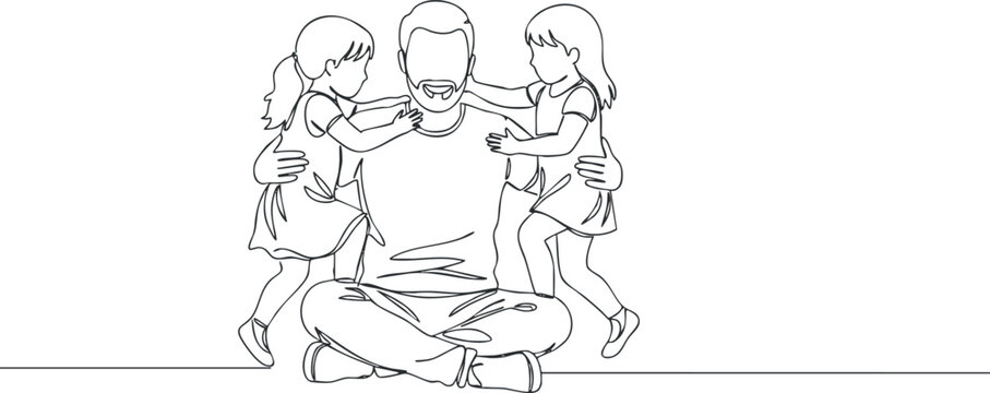 Line art illustration depicting a father sitting calmly with his two daughters, symbolizing love and family bonding.