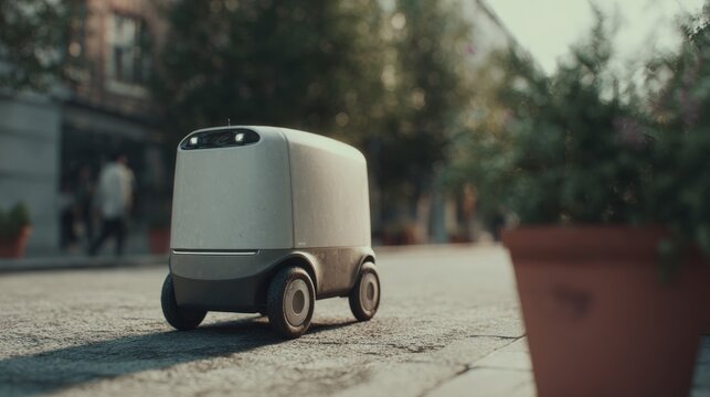 Small white robot car parked on a cobblestone street. the car has four wheels and appears to be made of plastic or a similar material.