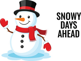 Cute snowman illustration with scarf and hat, winter holiday artwork, cheerful snowy character, festive seasonal design with text message