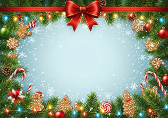 Festive christmas frame border made of green pine branches, gingerbread cookies, candy canes, and glowing lights with a red bow on top isolated on transparent background