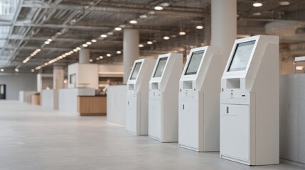Row of white kiosks in a large industrial space with a high ceiling and large windows. the kiosks are arranged in a neat row and appear to be empty.
