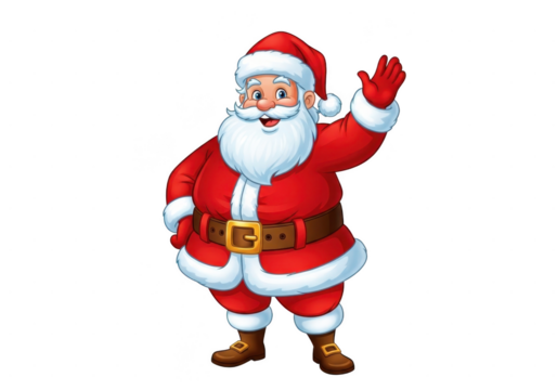 Cheerful cartoon illustration of santa claus waving hello, isolated on transparent background