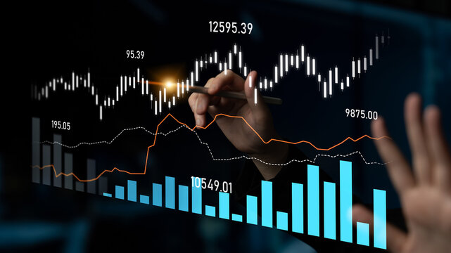 A professional analyzes financial data on a digital screen, showcasing stock market graphs and charts that highlight trends and investment opportunities in real-time. Scalp