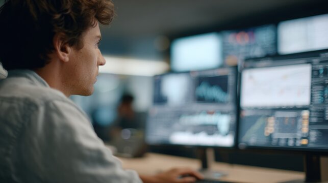 Young man sitting in front of multiple computer monitors in a control room. he is wearing a white shirt and appears to be focused on the screens.