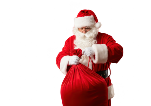 Santa claus in traditional red suit holding a large red gift sack isolated on transparent background