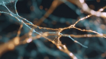 Close-up of a spider web. the web is made up of thin, golden strands that are intertwined and intertwining. the strands are glowing with a warm, golden light, creating a sense of depth and dimension.