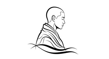 Meditating Monk Serene Profile Line Art Illustration.