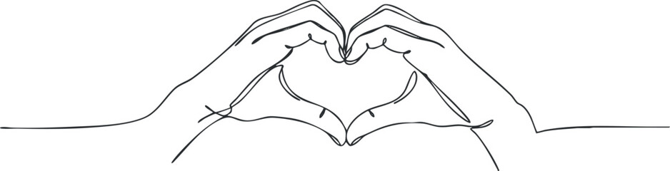 Minimalist line art illustration of two hands forming a heart shape, symbolizing love and connection for design projects.