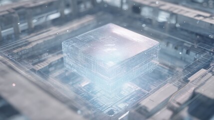 Obraz premium 3d rendering of a futuristic cityscape with a cube in the center. the cube is made up of a grid-like pattern of lines and dots, creating a geometric design.