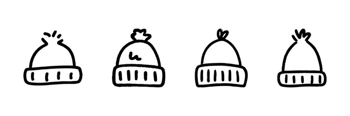 Winter Beanie Hat Line Icon Set In Doodle Style. Cozy Headwear, Warmth, And Fashion Accessories Outline Sketch Collection. Hand Drawn Isolated Vector Illustration