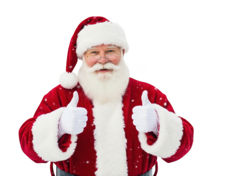 Cheerful santa claus in red suit giving double thumbs up gesture isolated on transparent background