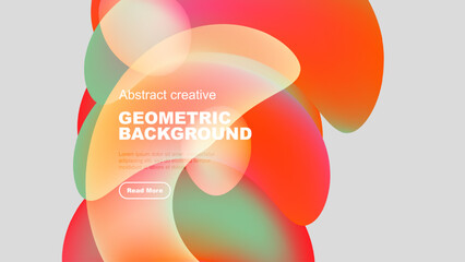 Abstract colorful shapes overlap, creating dynamic geometric background. Text present, button visible. Modern design elements.