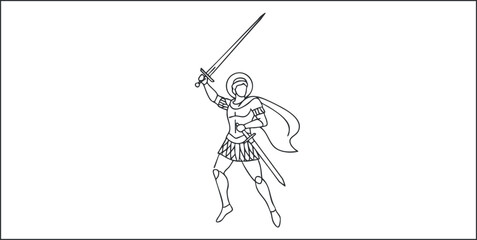 Outline vector illustration of a knight holding a sword, designed for fantasy and historical themed projects
