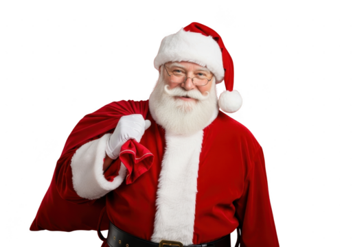 Portrait of happy santa claus wearing traditional red suit and hat holding a red gift bag isolated on transparent background