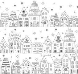 Naklejka premium Scandinavian Winter Village Doodle seamless pattern, Cozy Folk Art Houses Illustration