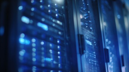 Close-up of a server rack in a data center. the rack is made up of multiple rows of servers, each with multiple rows and columns.