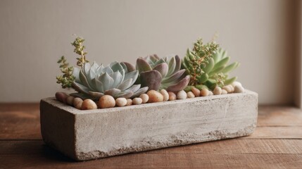 The image is of a small succulent planter in a rectangular concrete planter. the planter is placed on a wooden surface with a beige background.